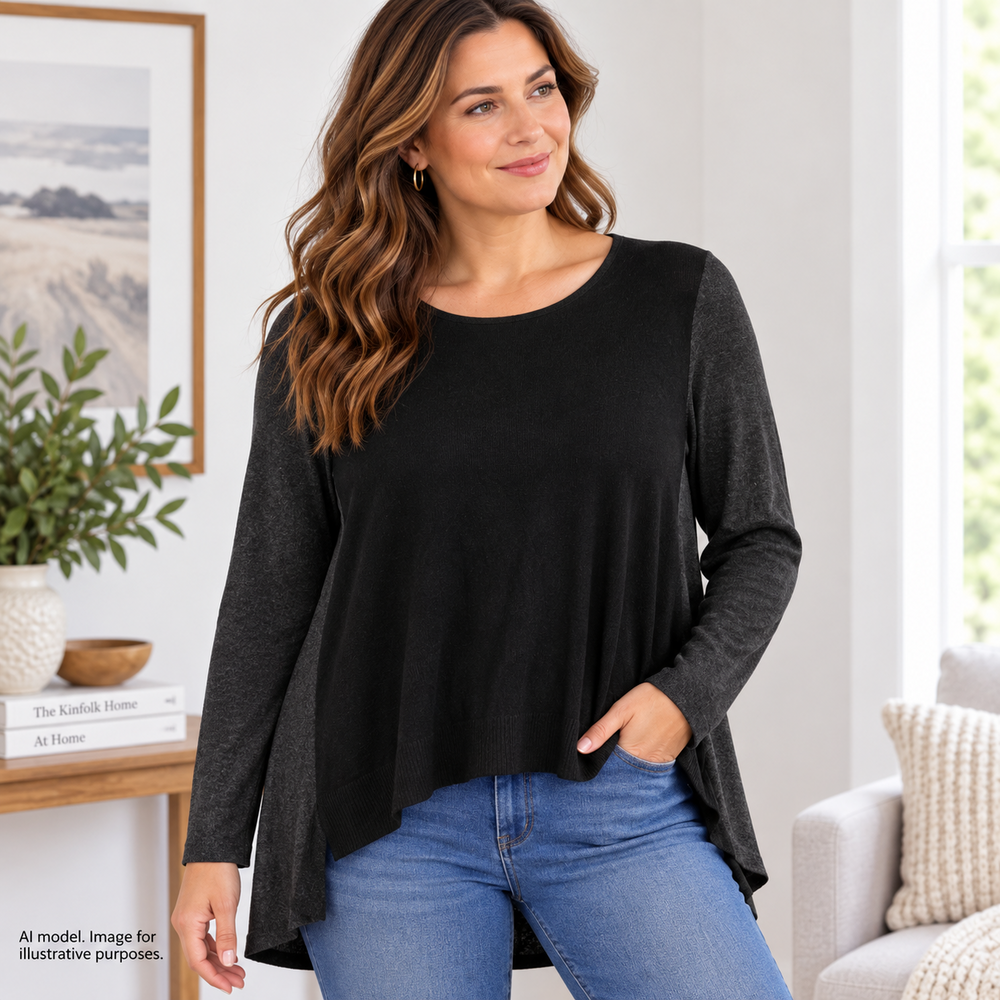 Eileen Fisher Sweater Women L Black Gray Mixed Media Hi Low Long Sleeve Pullover